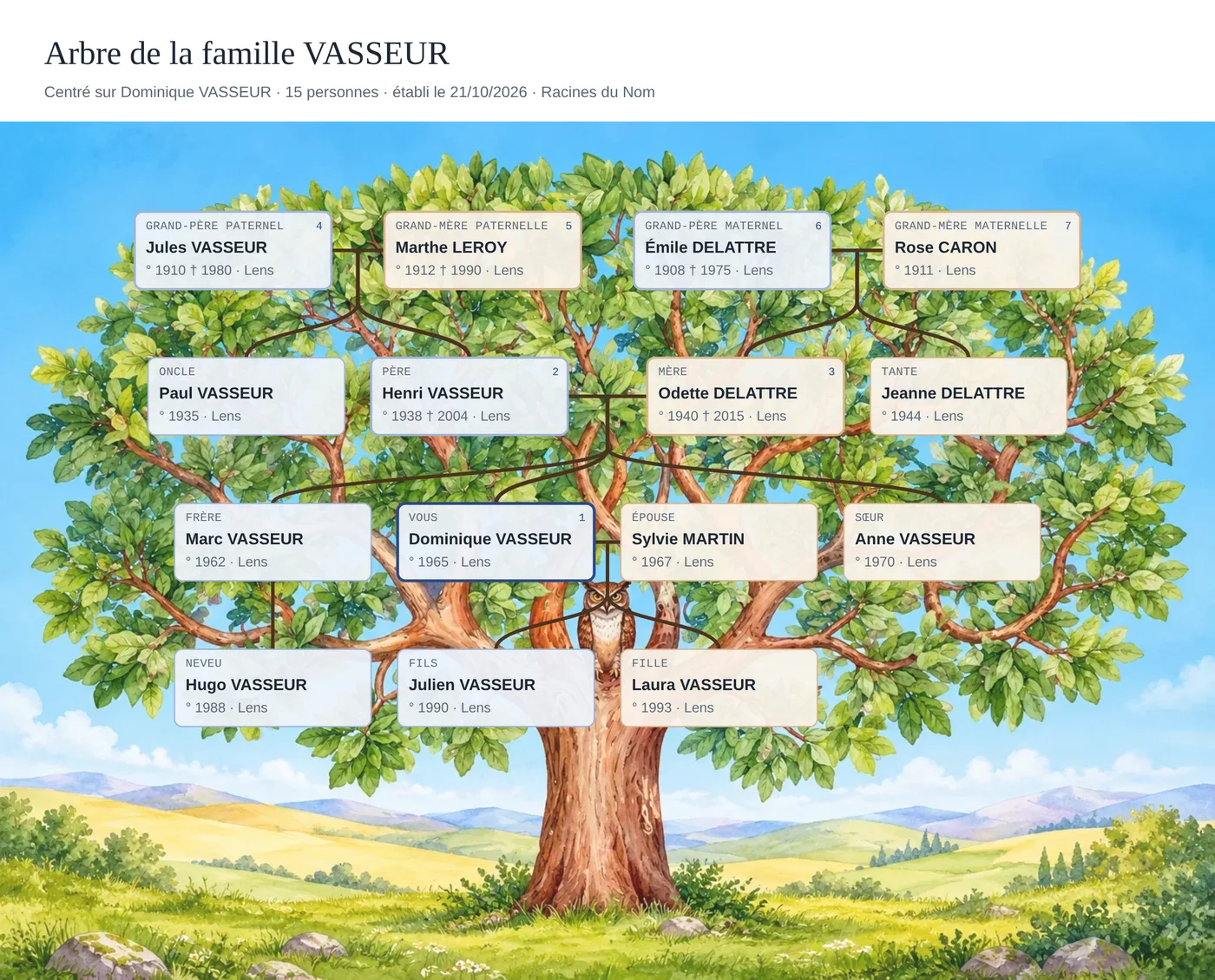 Exemple d'arbre généalogique sur trois générations, dessiné sur un grand chêne à l'aquarelle